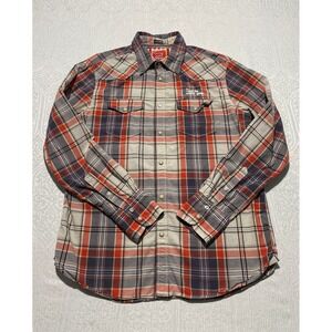 Jachs NY Mens Large Plaid Western Pearl Snap Button Down Shirt Red Blue Cotton